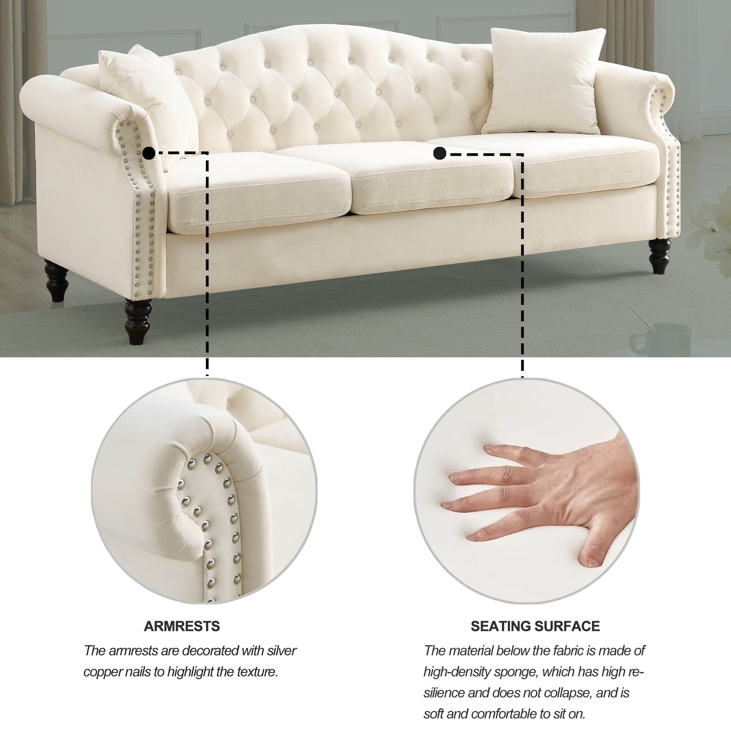 Canapé Chesterfield 3 places capitonné avec accoudoirs roulés et clous décoratifs