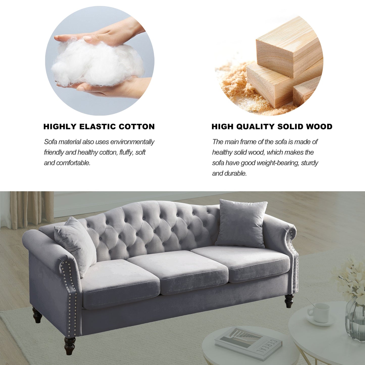 Canapé Chesterfield 3 places capitonné avec accoudoirs roulés et clous décoratifs