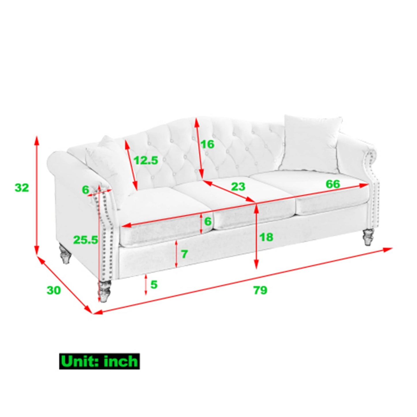 Canapé Chesterfield 3 places capitonné avec accoudoirs roulés et clous décoratifs