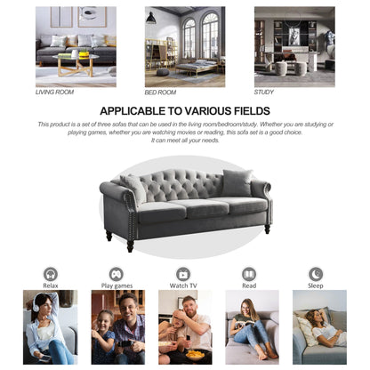 Canapé Chesterfield 3 places capitonné avec accoudoirs roulés et clous décoratifs