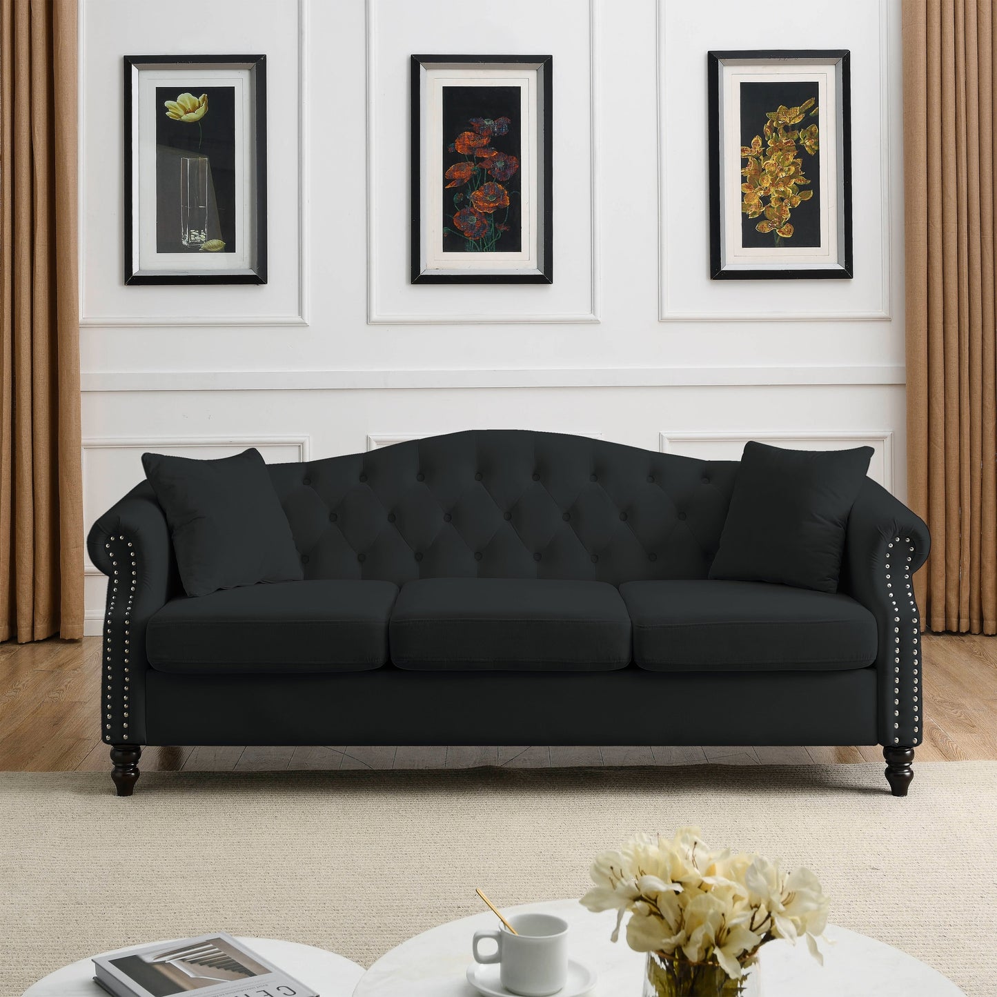 Canapé Chesterfield 3 places capitonné avec accoudoirs roulés et clous décoratifs