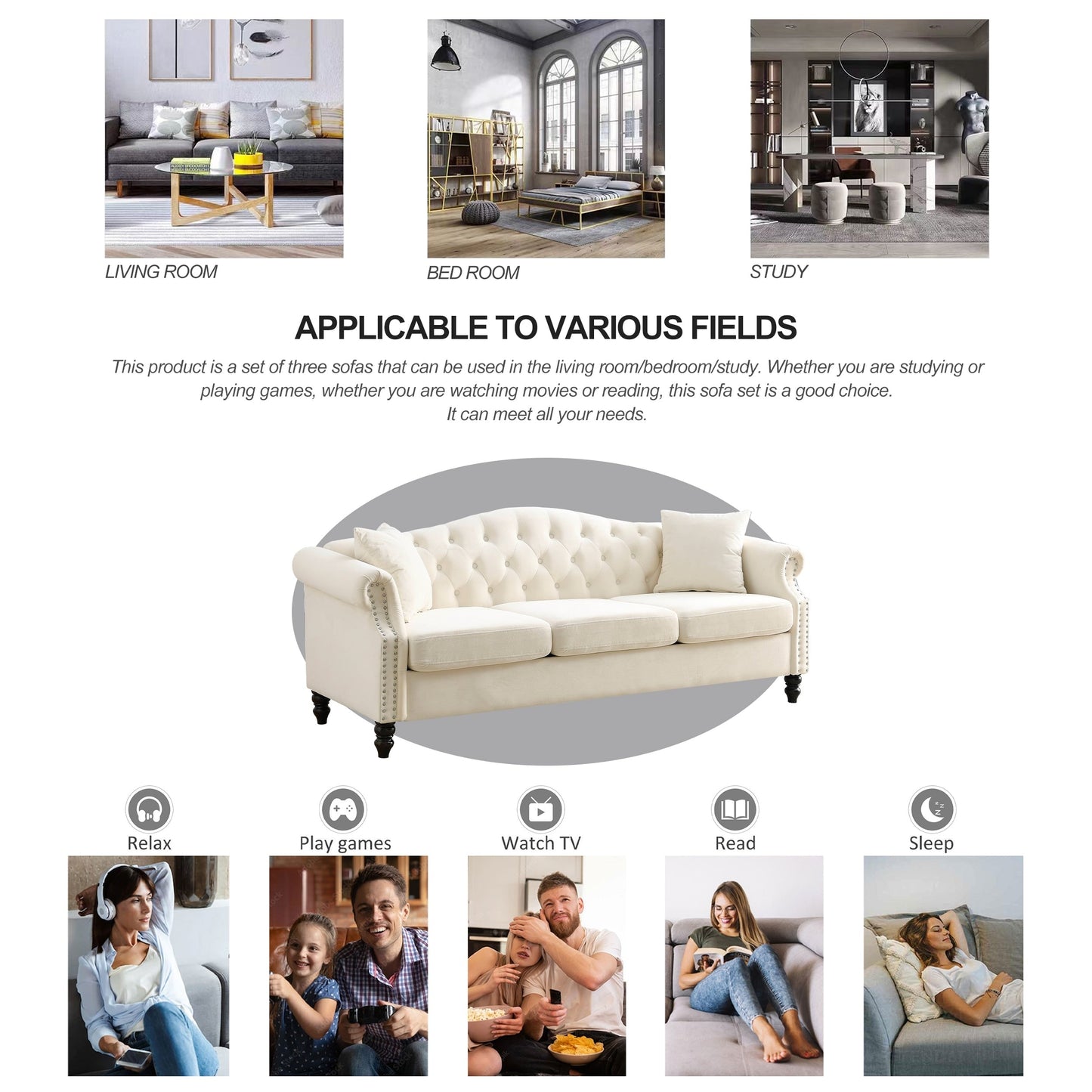 Canapé Chesterfield 3 places capitonné avec accoudoirs roulés et clous décoratifs