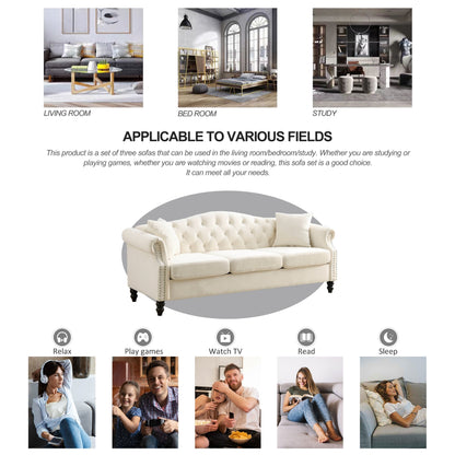 Canapé Chesterfield 3 places capitonné avec accoudoirs roulés et clous décoratifs