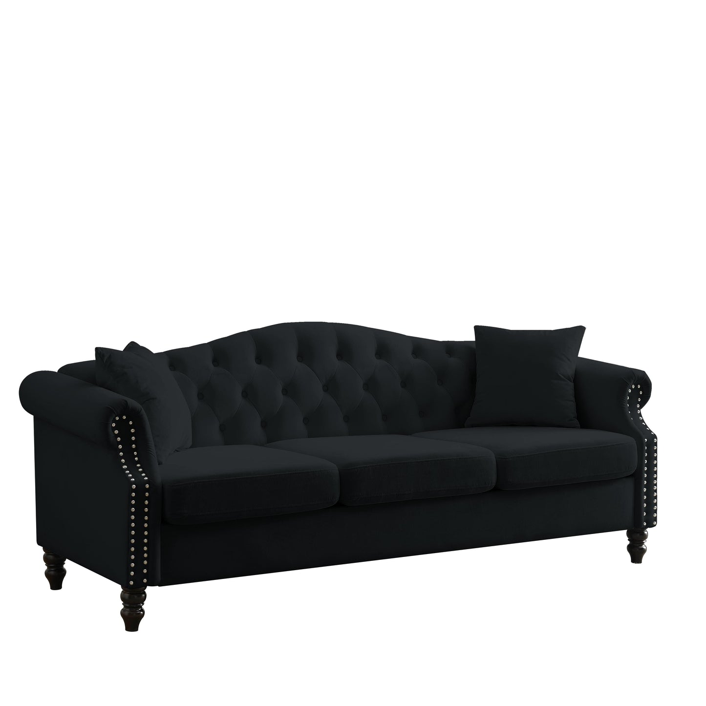 Canapé Chesterfield 3 places capitonné avec accoudoirs roulés et clous décoratifs