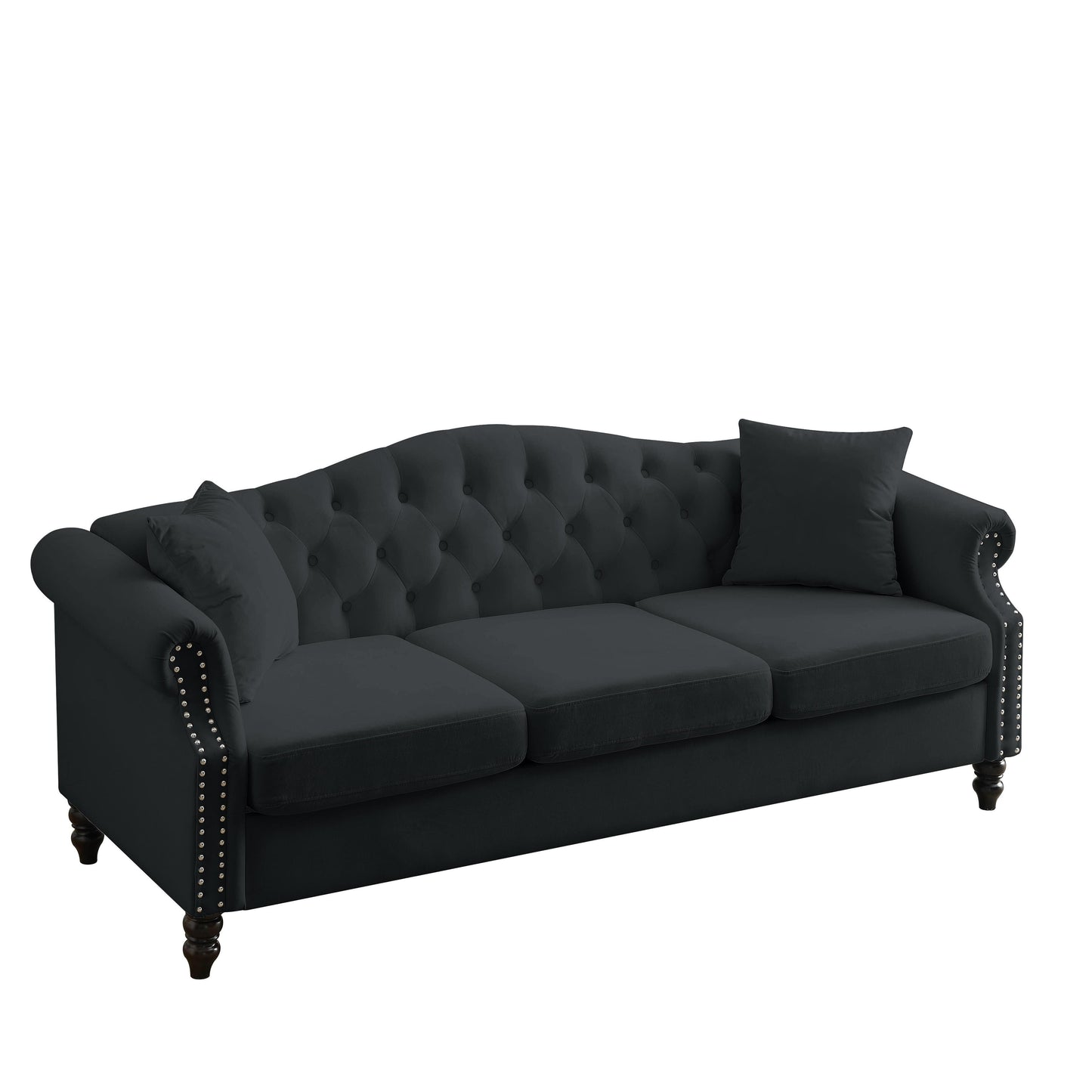 Canapé Chesterfield 3 places capitonné avec accoudoirs roulés et clous décoratifs