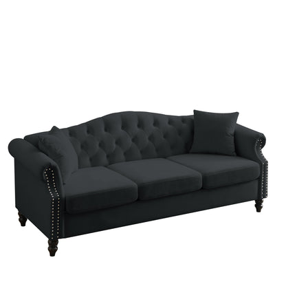 Canapé Chesterfield 3 places capitonné avec accoudoirs roulés et clous décoratifs