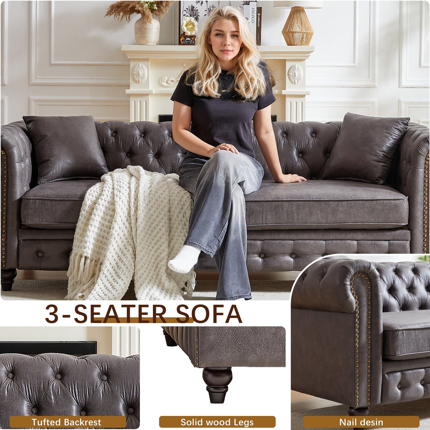 Canapé 3 places Chesterfield 85.5 en tissu technique avec coussins