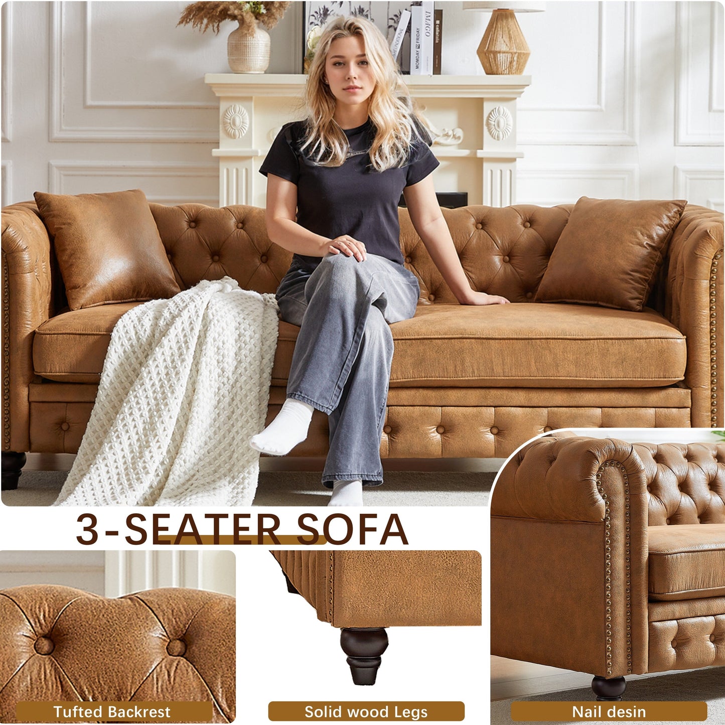Canapé 3 places Chesterfield 85.5 en tissu technique avec coussins
