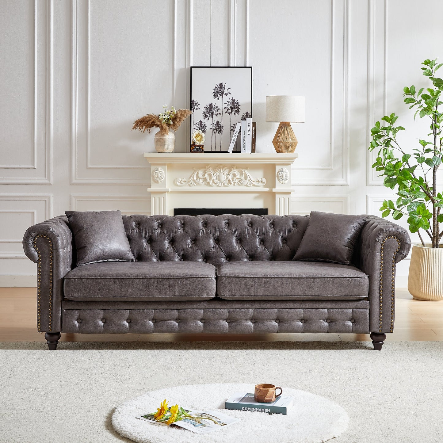 Canapé 3 places Chesterfield 85.5 en tissu technique avec coussins