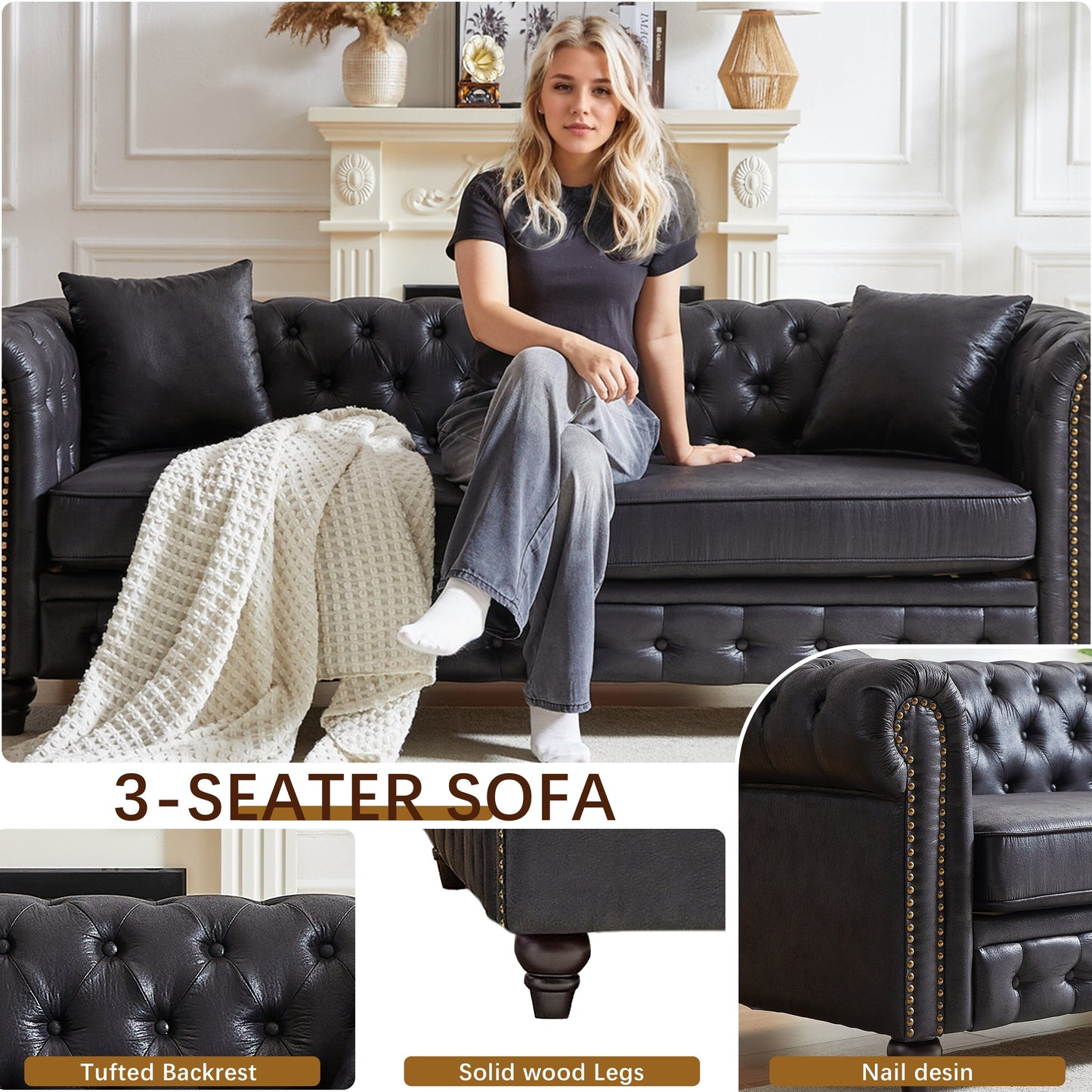Canapé 3 places Chesterfield 85.5 en tissu technique avec coussins