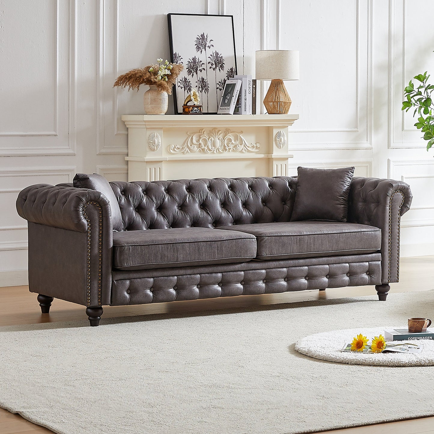 Canapé 3 places Chesterfield 85.5 en tissu technique avec coussins