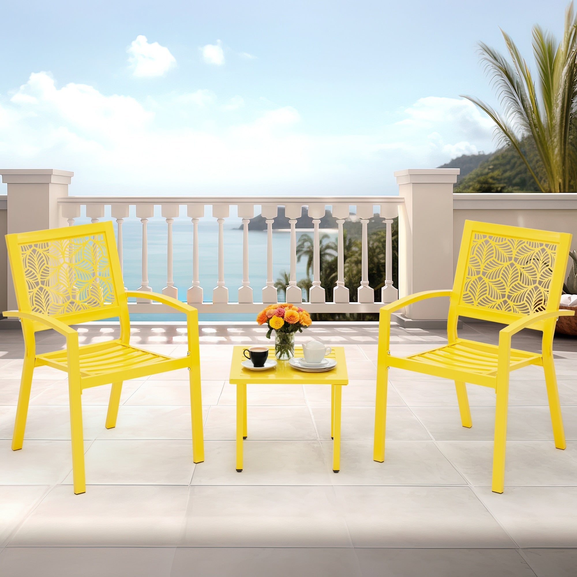 Ensemble de patio extérieur, table et chaises de bistrot en fer résistant aux intempéries, dossier à motif floral, gain de place (vert/bleu/jaune/noir)