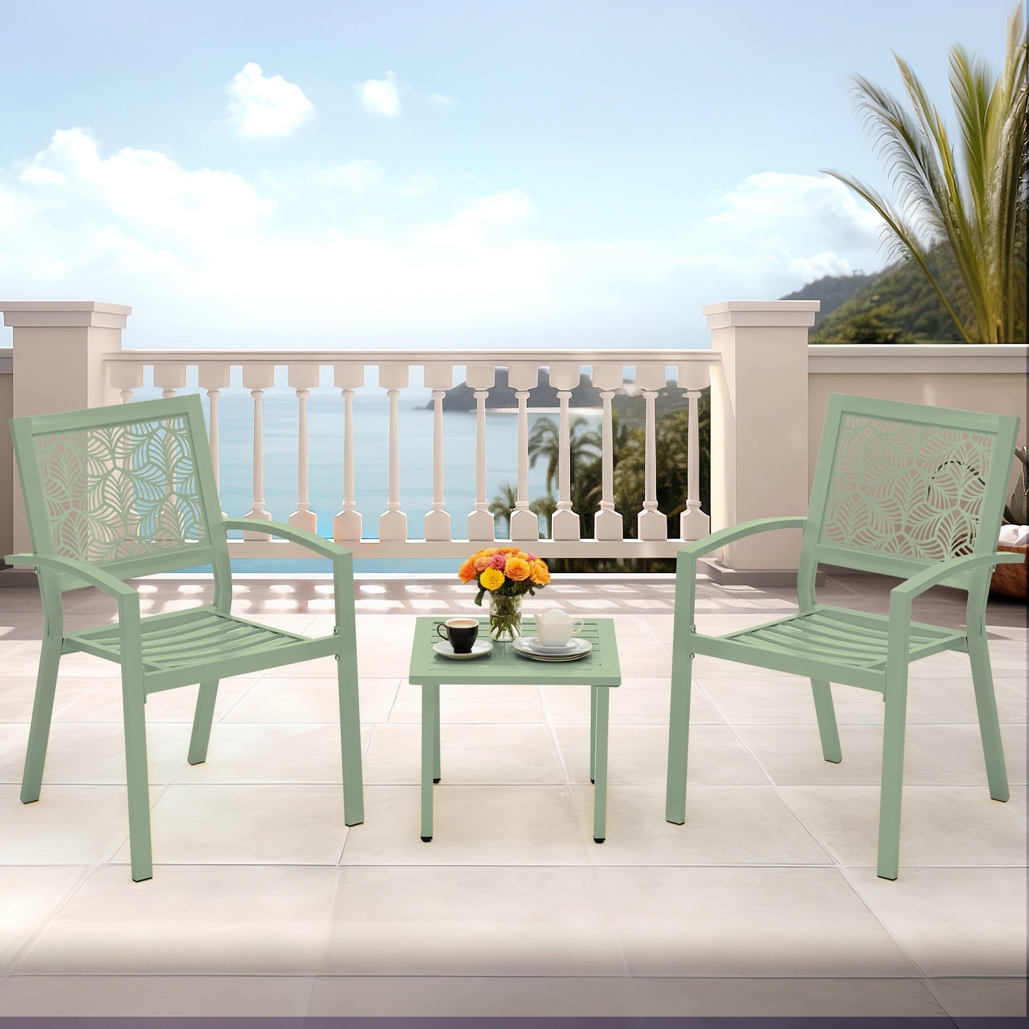 Ensemble de patio extérieur, table et chaises de bistrot en fer résistant aux intempéries, dossier à motif floral, gain de place (vert/bleu/jaune/noir)
