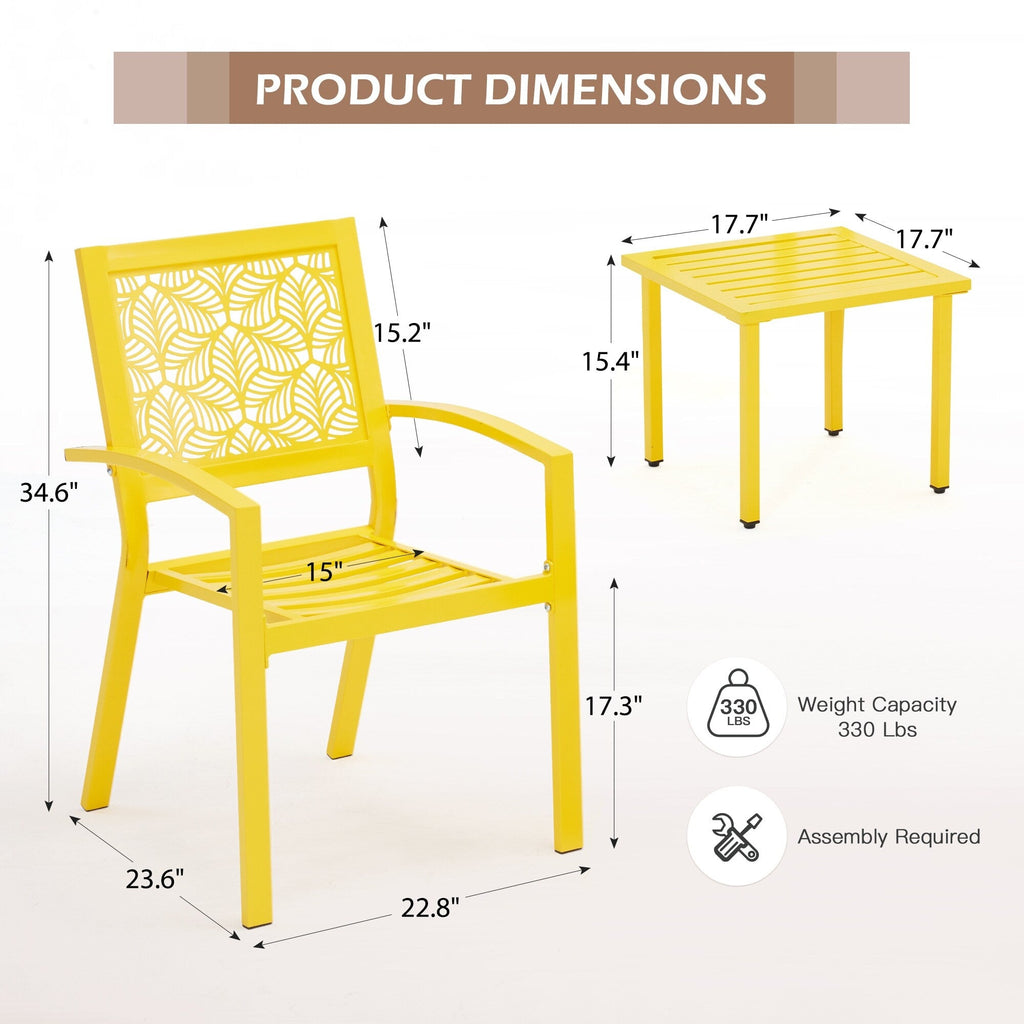 Ensemble de patio extérieur, table et chaises de bistrot en fer résistant aux intempéries, dossier à motif floral, gain de place (vert/bleu/jaune/noir)