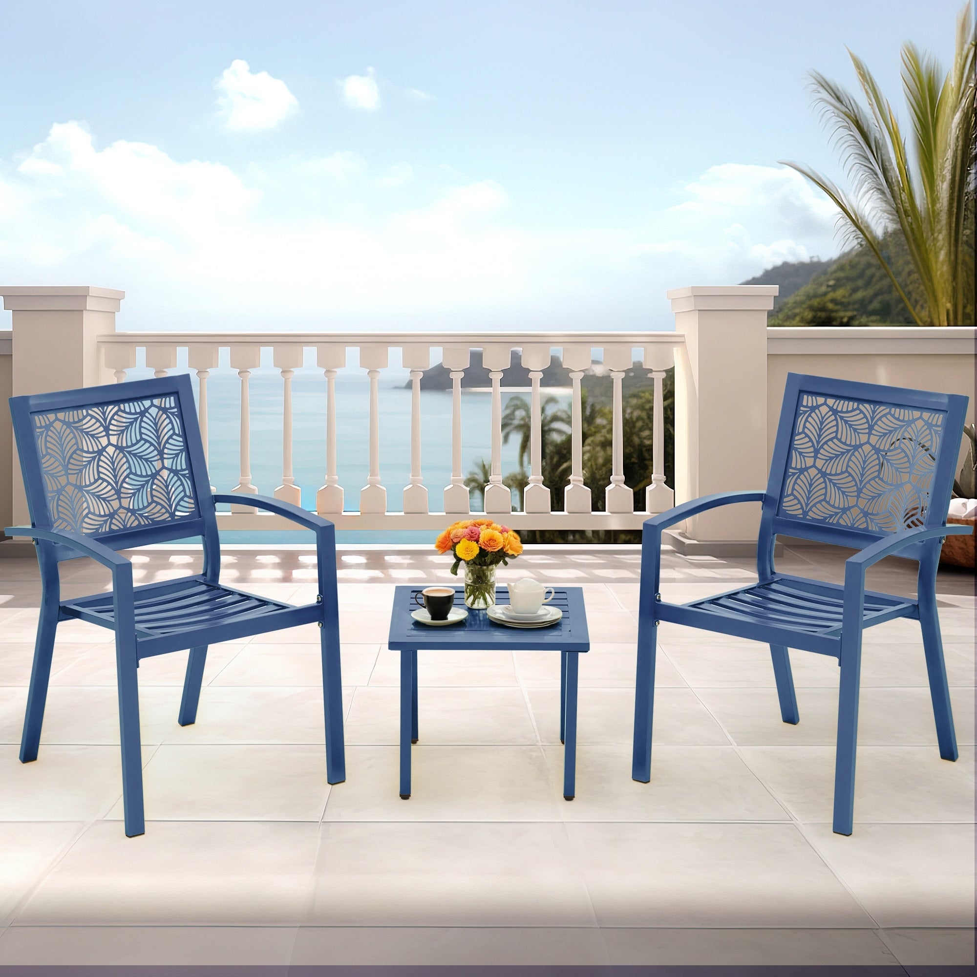 Ensemble de patio extérieur, table et chaises de bistrot en fer résistant aux intempéries, dossier à motif floral, gain de place (vert/bleu/jaune/noir)