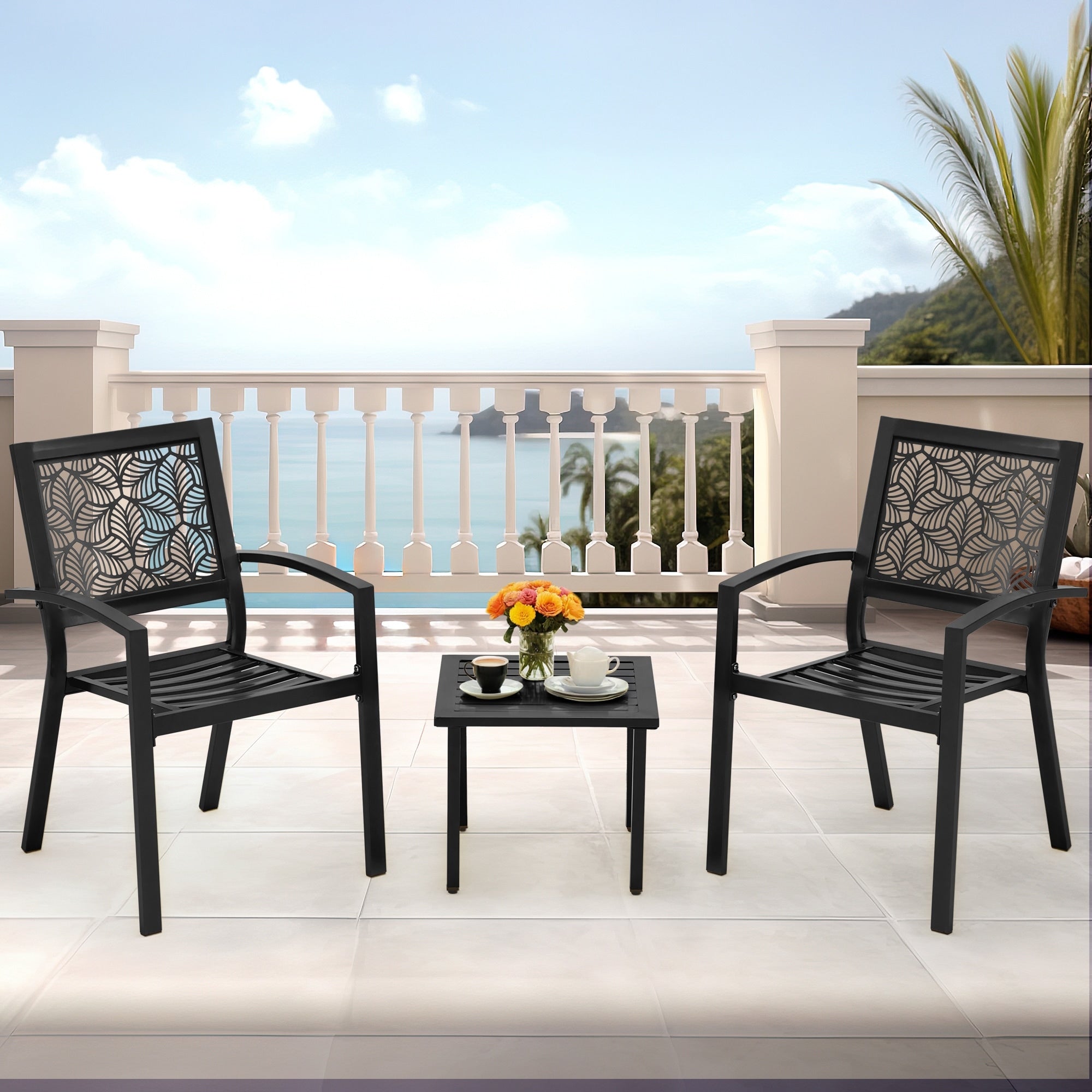 Ensemble de patio extérieur, table et chaises de bistrot en fer résistant aux intempéries, dossier à motif floral, gain de place (vert/bleu/jaune/noir)