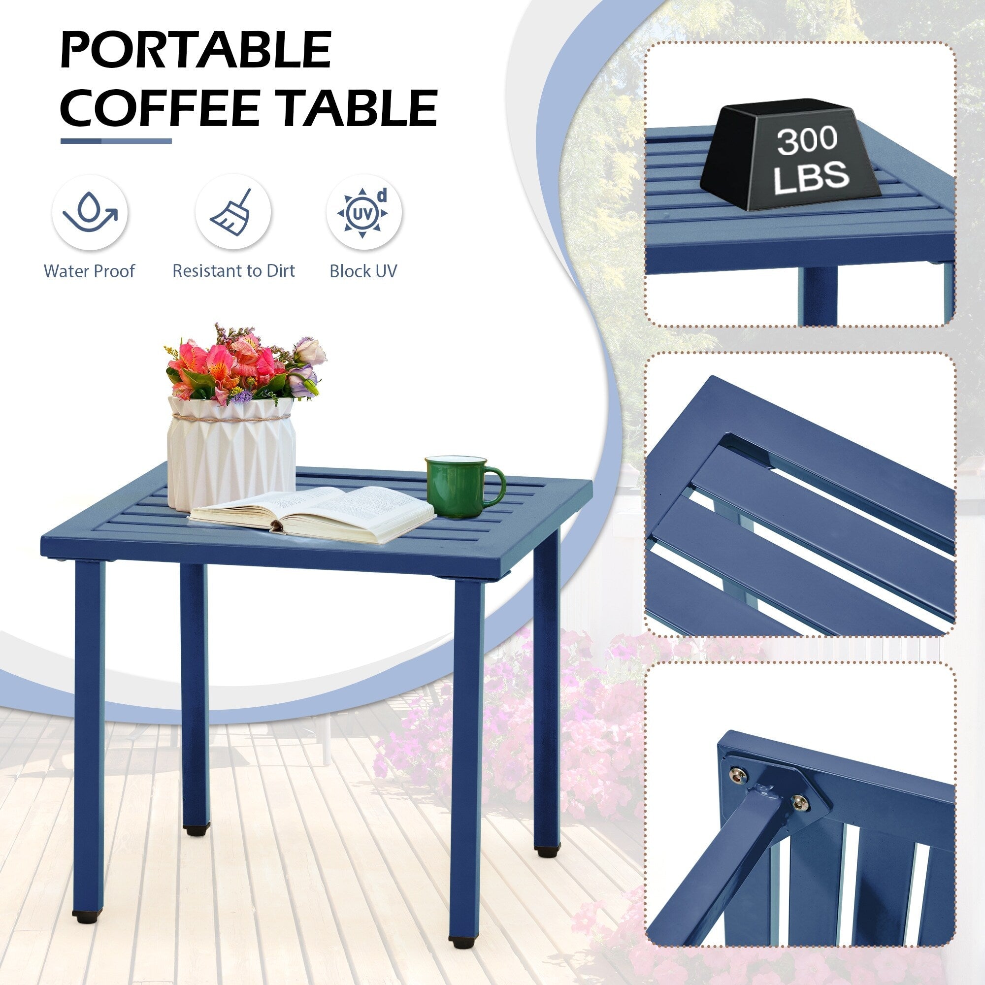Ensemble de patio extérieur, table et chaises de bistrot en fer résistant aux intempéries, dossier à motif floral, gain de place (vert/bleu/jaune/noir)