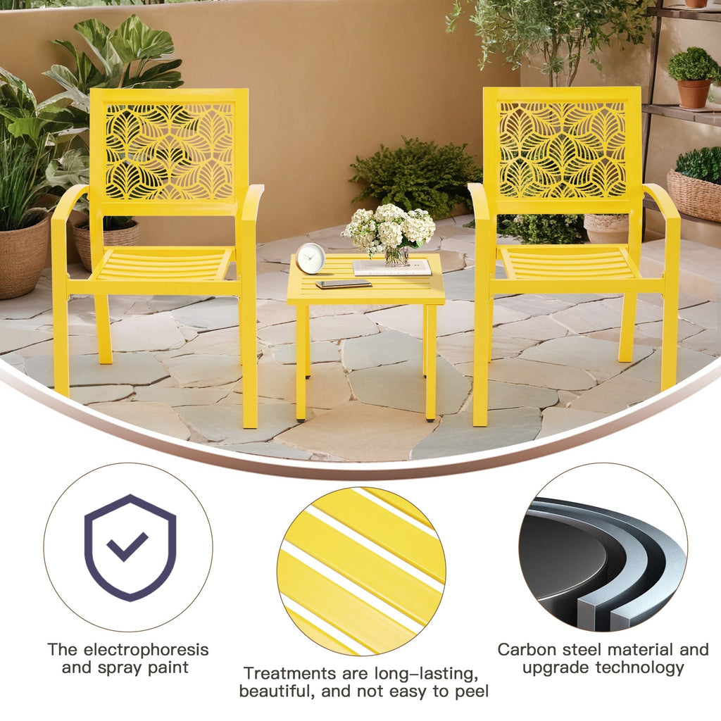 Ensemble de patio extérieur, table et chaises de bistrot en fer résistant aux intempéries, dossier à motif floral, gain de place (vert/bleu/jaune/noir)