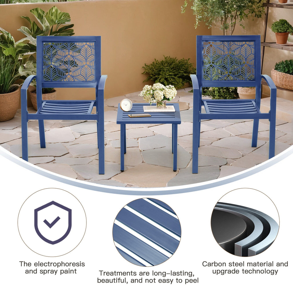 Ensemble de patio extérieur, table et chaises de bistrot en fer résistant aux intempéries, dossier à motif floral, gain de place (vert/bleu/jaune/noir)