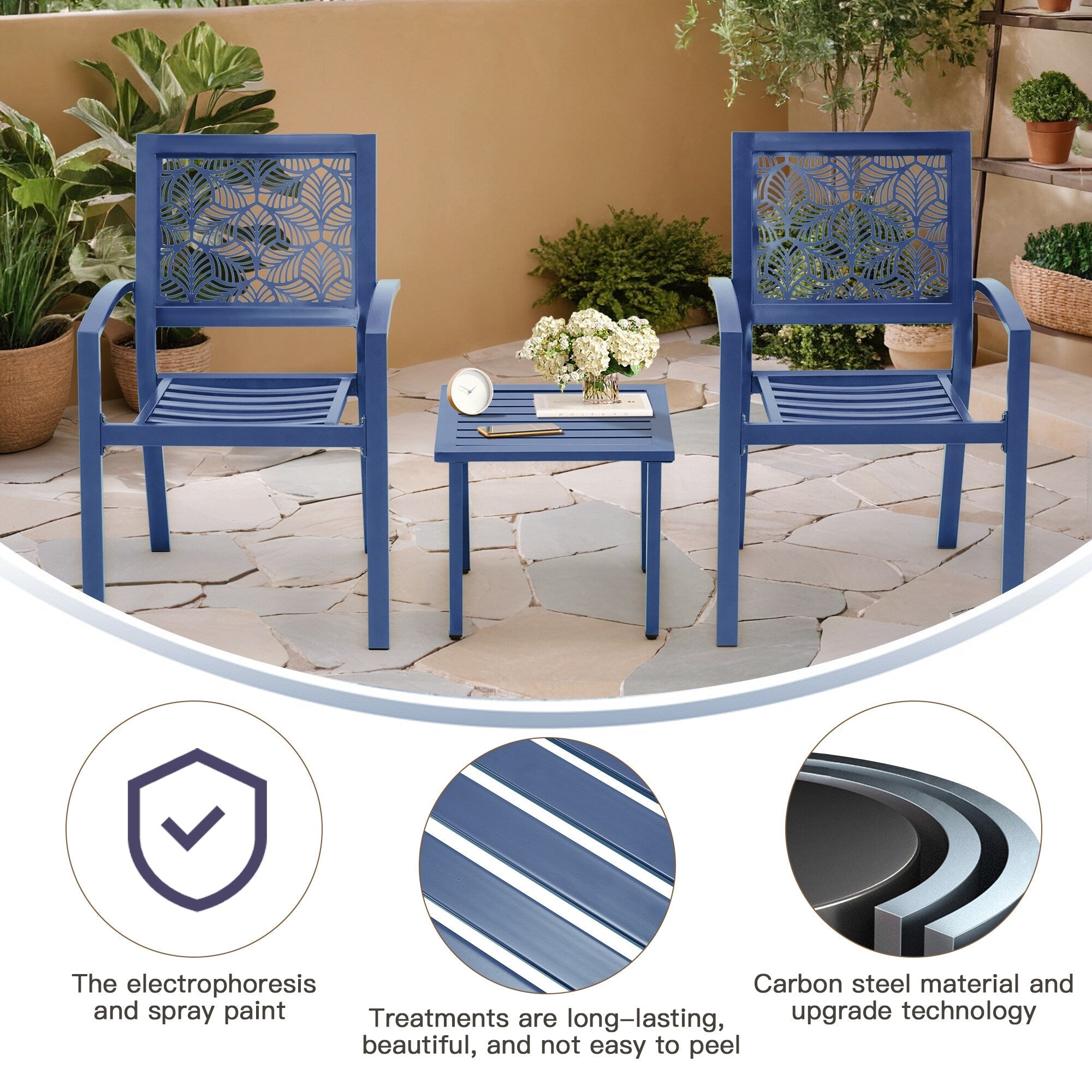 Ensemble de patio extérieur, table et chaises de bistrot en fer résistant aux intempéries, dossier à motif floral, gain de place (vert/bleu/jaune/noir)