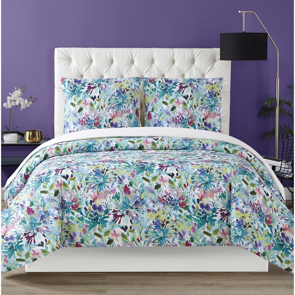 Parure de lit 3 pièces Christian Siriano NY Dahlia à motif floral aquarelle
