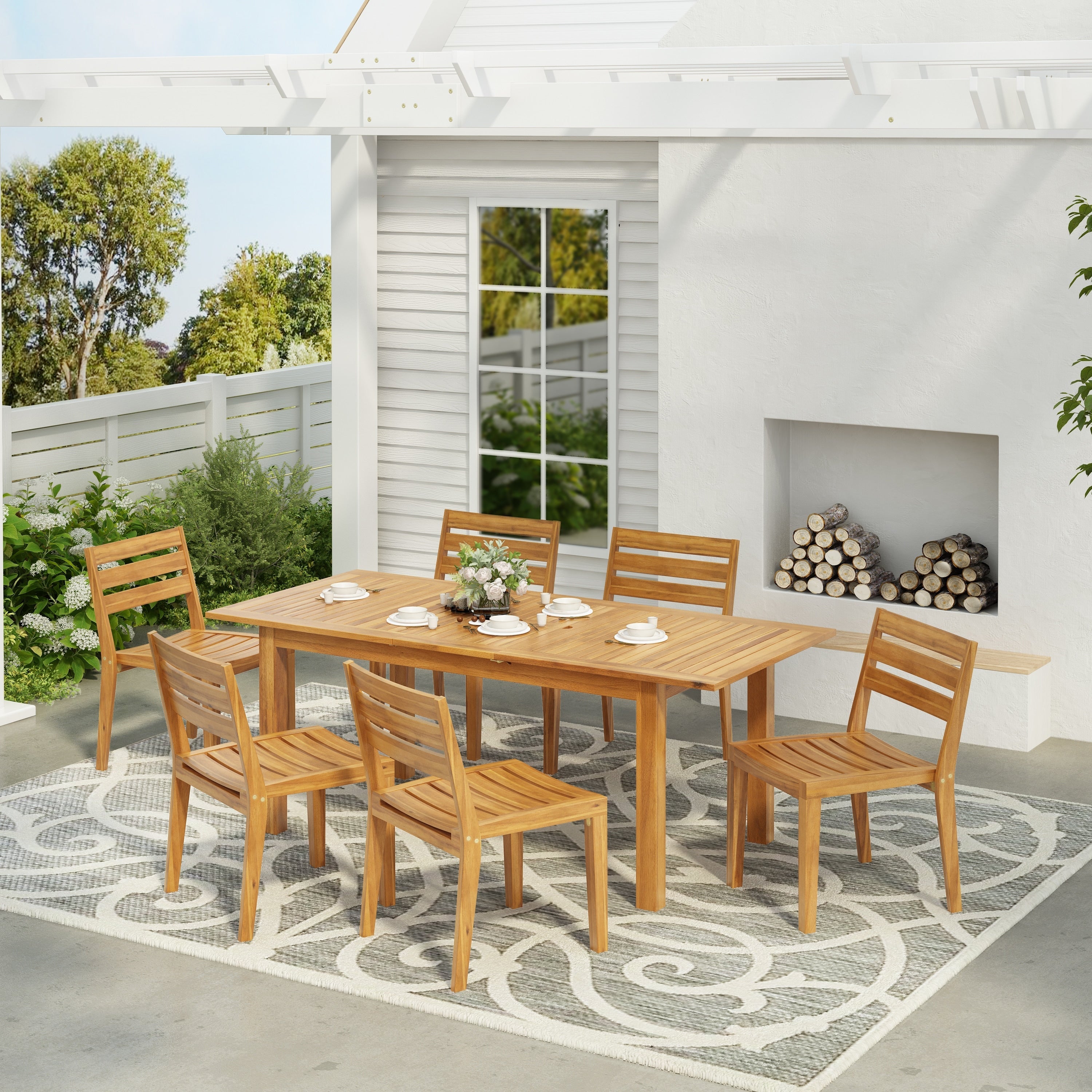 Christopher Knight Home - Ensemble de salle à manger extensible Hampton 7 pièces en bois d'acacia avec trou pour parasol