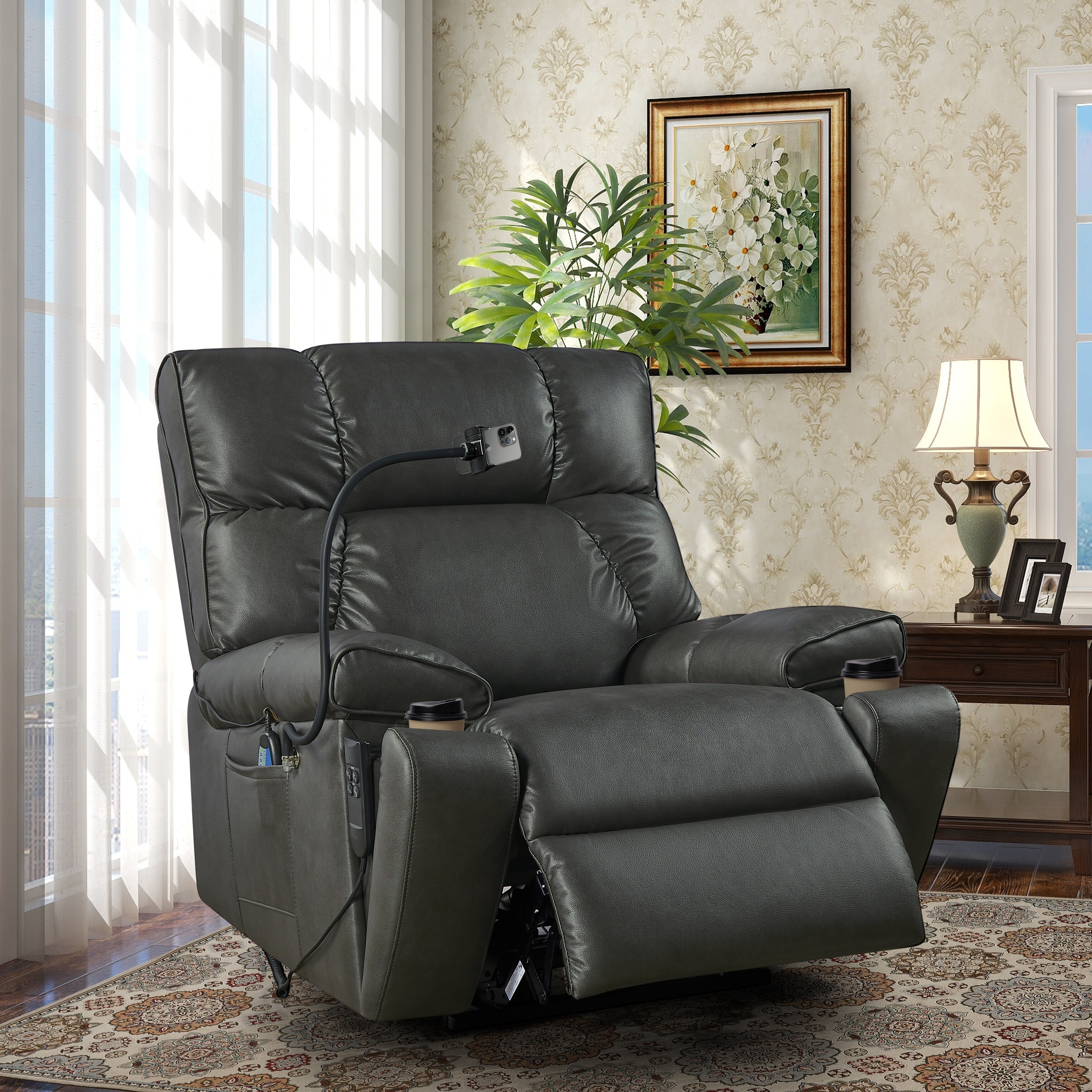 Christopher Knight Home - Fauteuil inclinable électrique avec deux moteurs, massage, chauffage, porte-gobelets et support de téléphone réglable