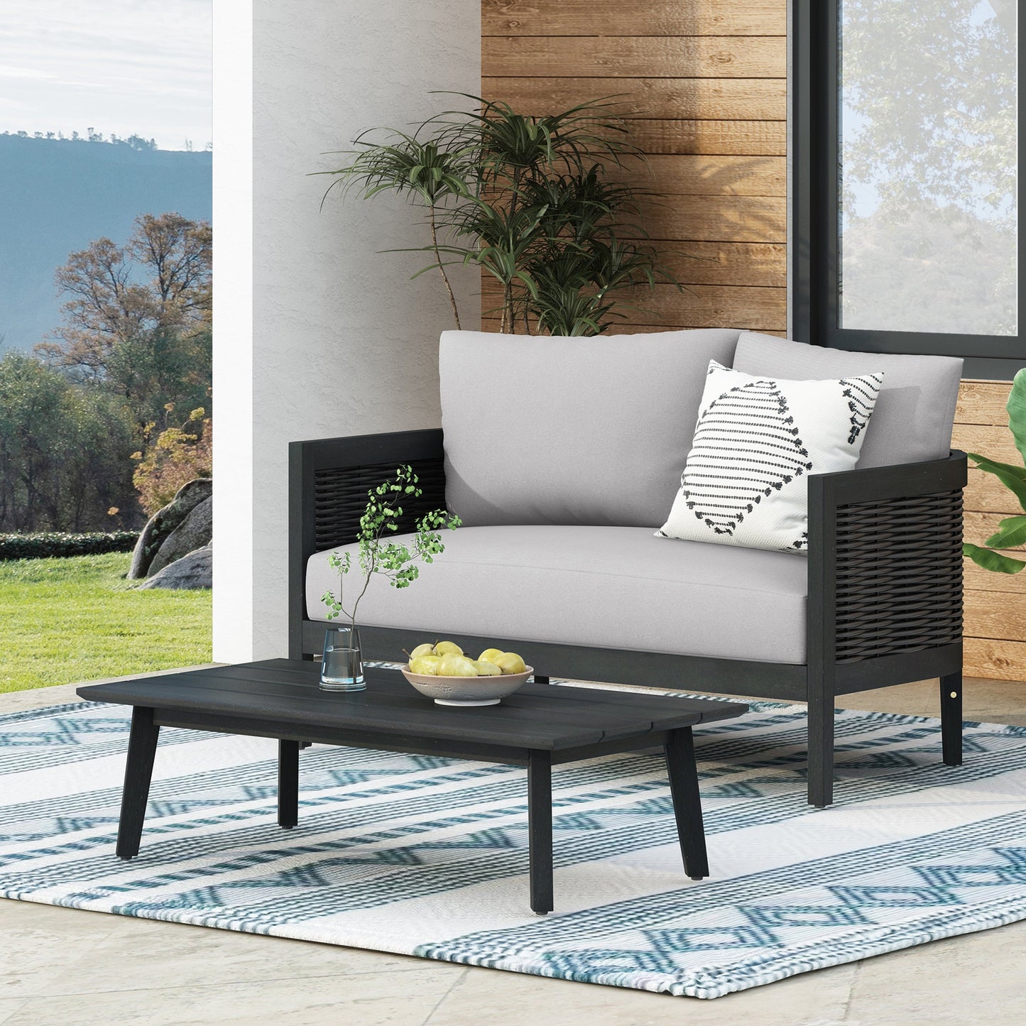 Christopher Knight Home Burchett Ensemble causeuse et table basse d'extérieur en bois d'acacia avec coussins Sunbrella en option