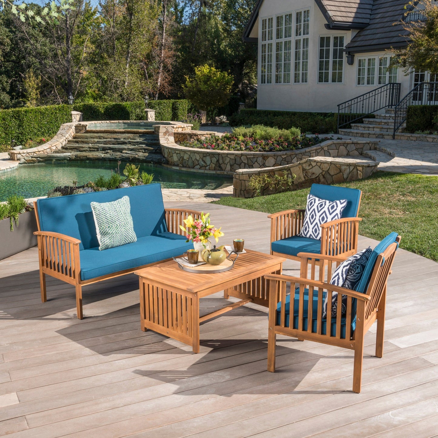 Ensemble de canapés d'extérieur Carolina 4 pièces en acacia Christopher Knight Home - Sièges de patio élégants et confortables