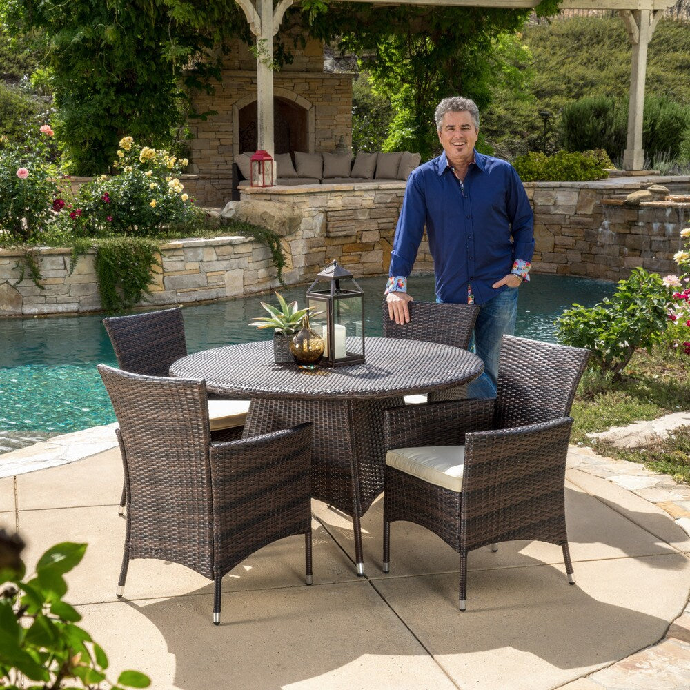 Ensemble de salle à manger d'extérieur Rodgers en osier multicolore marron, 5 pièces, avec coussins, par Christopher Knight Home