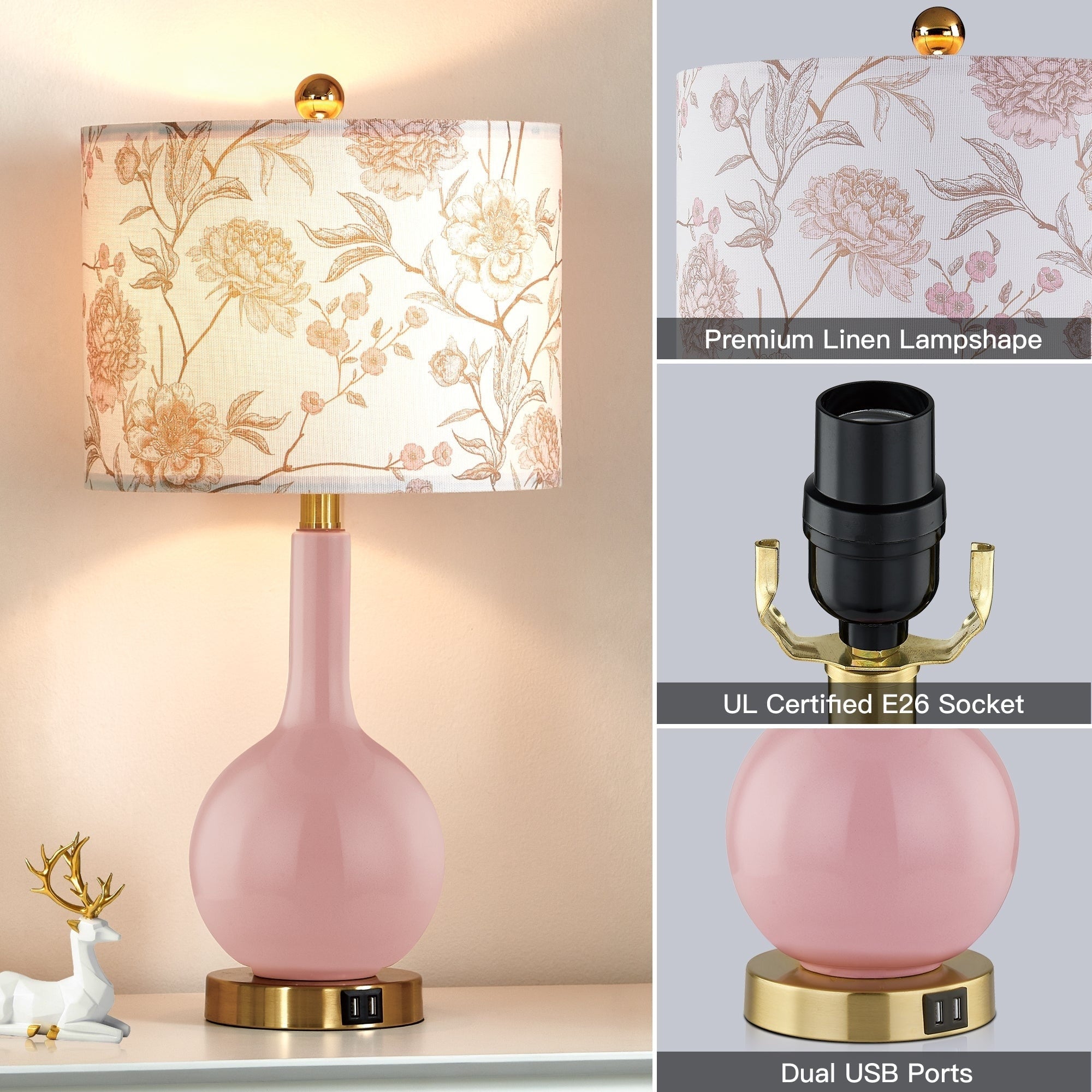 Lampe de table en céramique rose avec variateur tactile à 3 positions et deux ports de charge USB - 12'' x 12'' x 24'' (L x l x H)