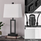 Lampe de table en métal noir avec abat-jour blanc style cadre de porte, deux ports de charge USB, prise secteur, abat-jour blanc (lot de 2)