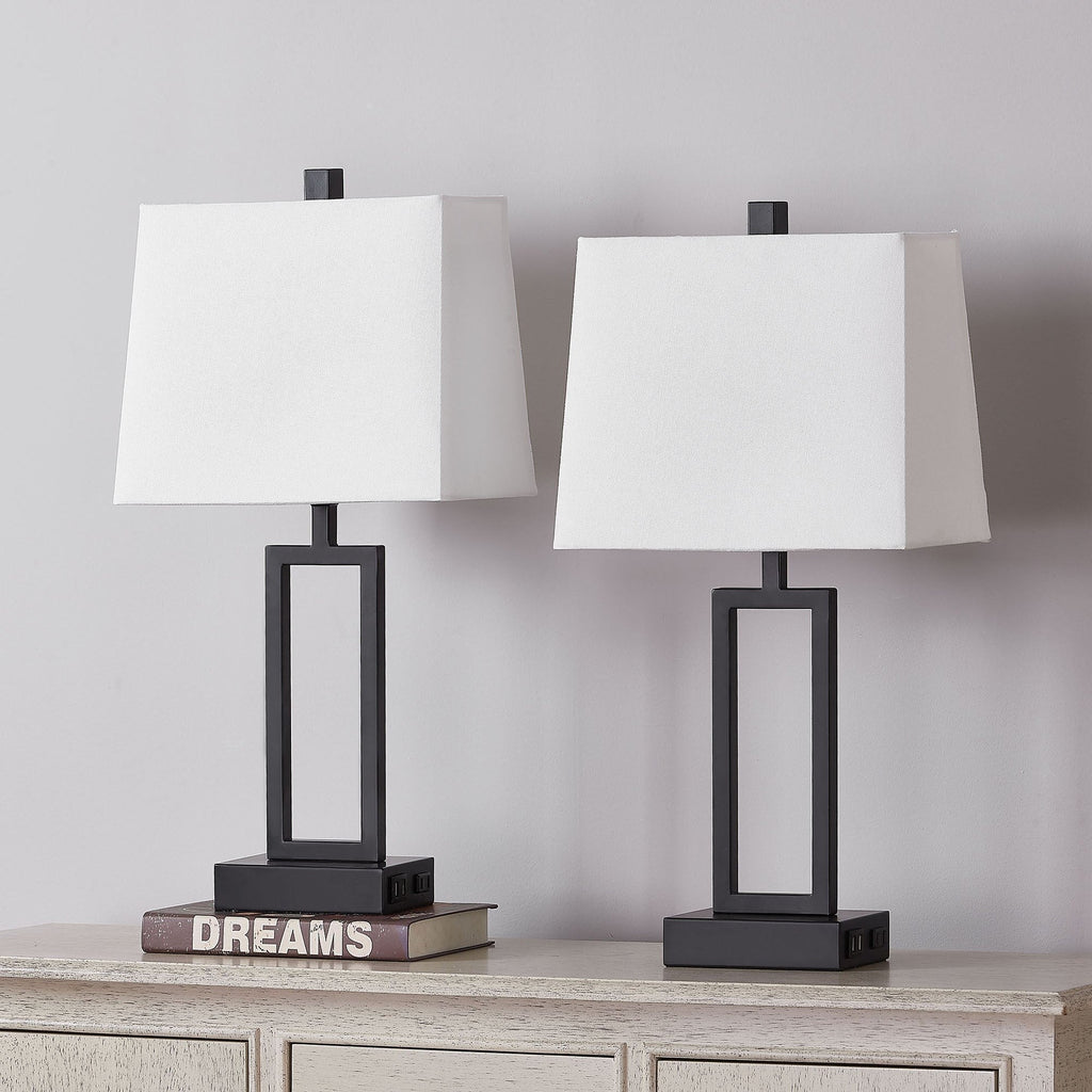 Lampe de table en métal noir avec abat-jour blanc style cadre de porte, deux ports de charge USB, prise secteur, abat-jour blanc (lot de 2)