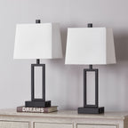 Lampe de table en métal noir avec abat-jour blanc style cadre de porte, deux ports de charge USB, prise secteur, abat-jour blanc (lot de 2)