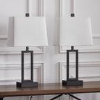 Lampe de table en métal noir avec abat-jour blanc style cadre de porte, deux ports de charge USB, prise secteur, abat-jour blanc (lot de 2)