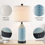 Lampe de table en céramique bleue avec variateur tactile à 3 positions et deux ports de charge USB (lot de 2) - 28 x 28 x 58 cm (L x l x H)