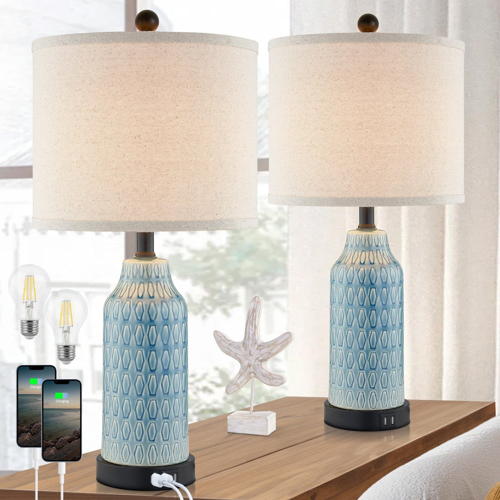 Lampe de table en céramique bleue avec variateur tactile à 3 positions et deux ports de charge USB (lot de 2) - 28 x 28 x 58 cm (L x l x H)
