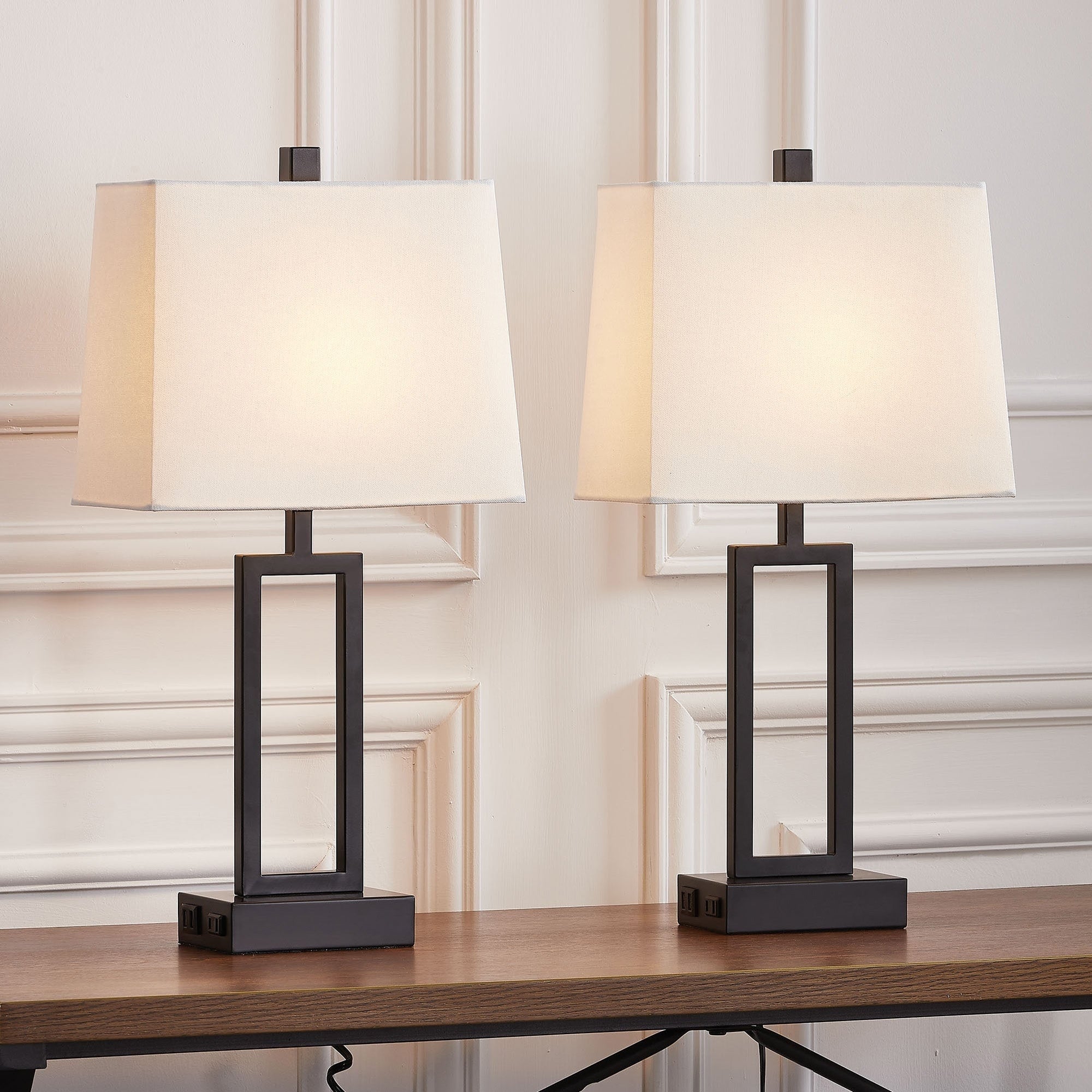 Lampe de table en métal noir avec abat-jour blanc style cadre de porte, deux ports de charge USB, prise secteur, abat-jour blanc (lot de 2)