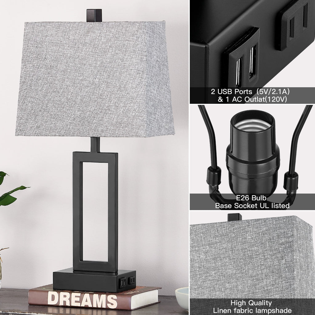 Lampe de table en métal noir avec interrupteur tactile et ports de charge (lot de 2) - 30,5 x 16,5 x 59,7 cm (L x l x H)