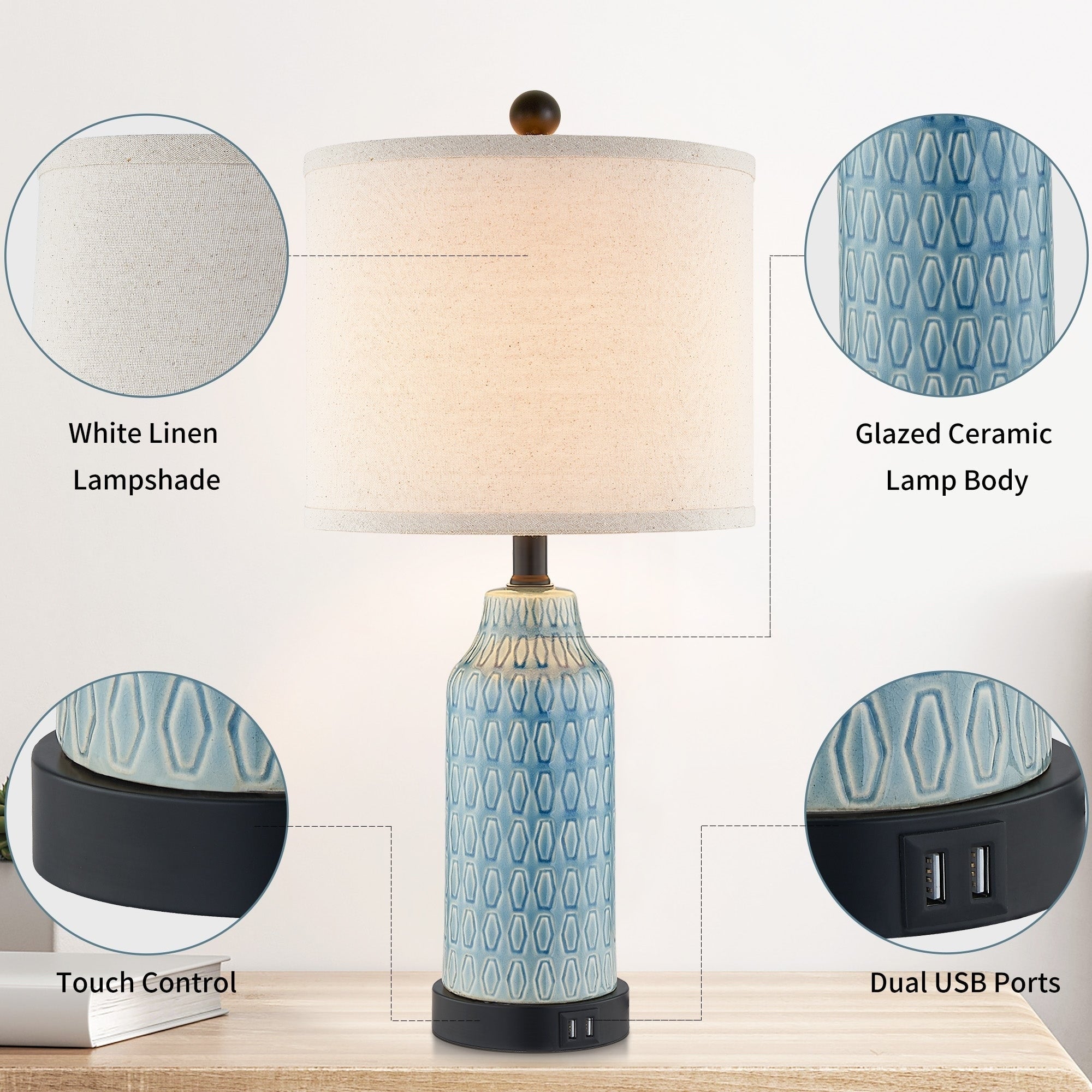 Lampe de table en céramique bleue avec variateur tactile à 3 positions et deux ports de charge USB (lot de 2) - 28 x 28 x 58 cm (L x l x H)