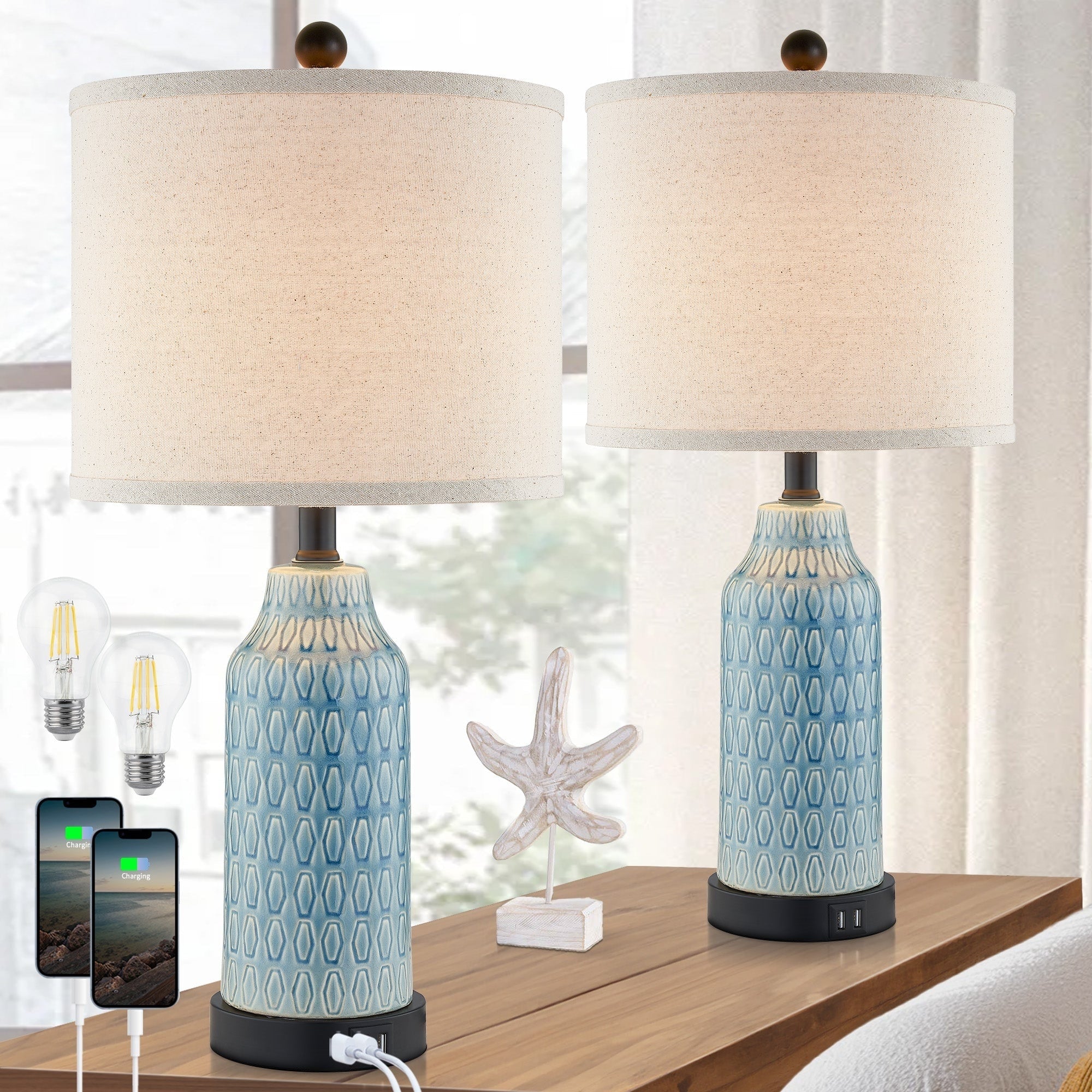 Lampe de table en céramique bleue avec variateur tactile à 3 positions et deux ports de charge USB (lot de 2) - 28 x 28 x 58 cm (L x l x H)