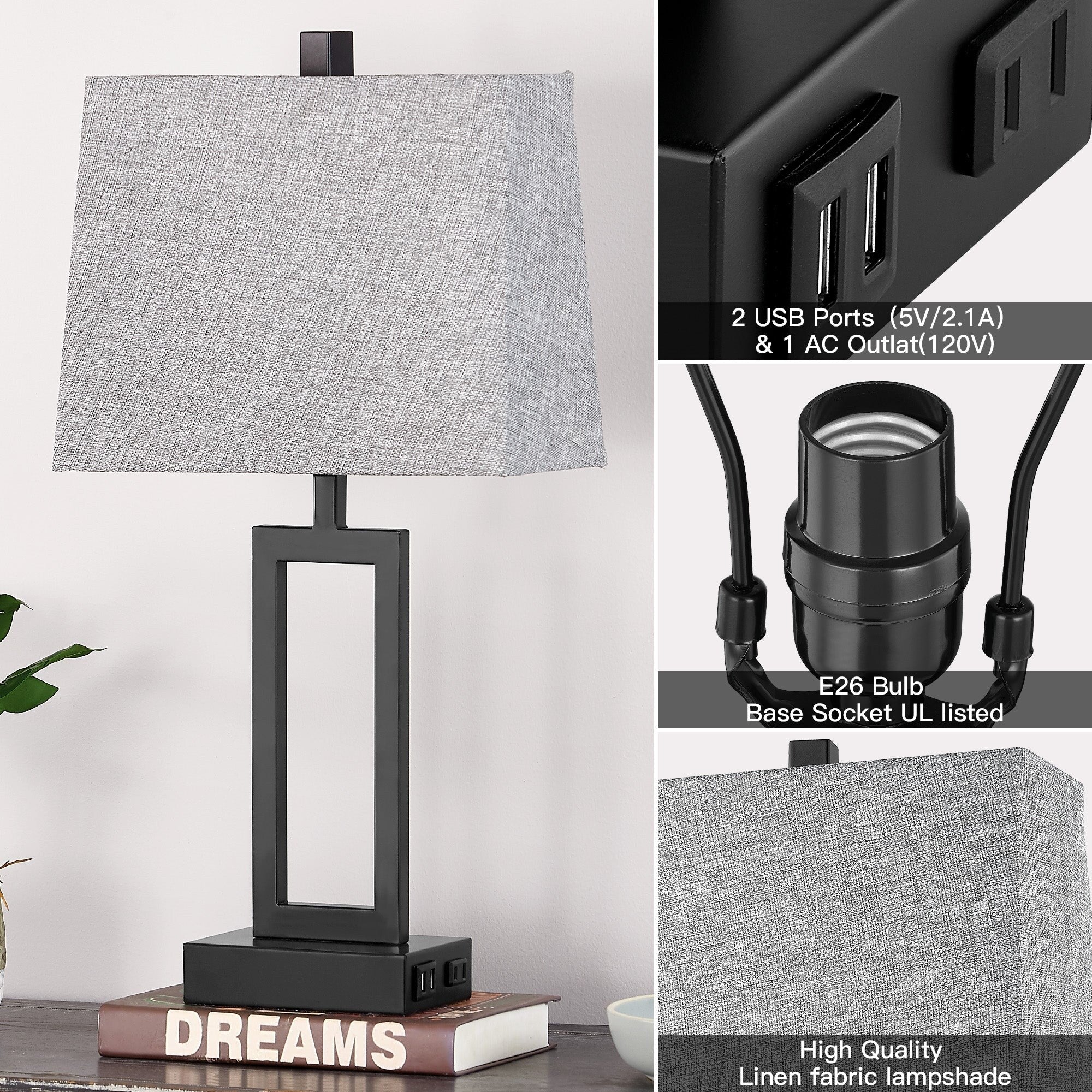 Lampe de table en métal noir avec interrupteur tactile et ports de charge (lot de 2) - 30,5 x 16,5 x 59,7 cm (L x l x H)