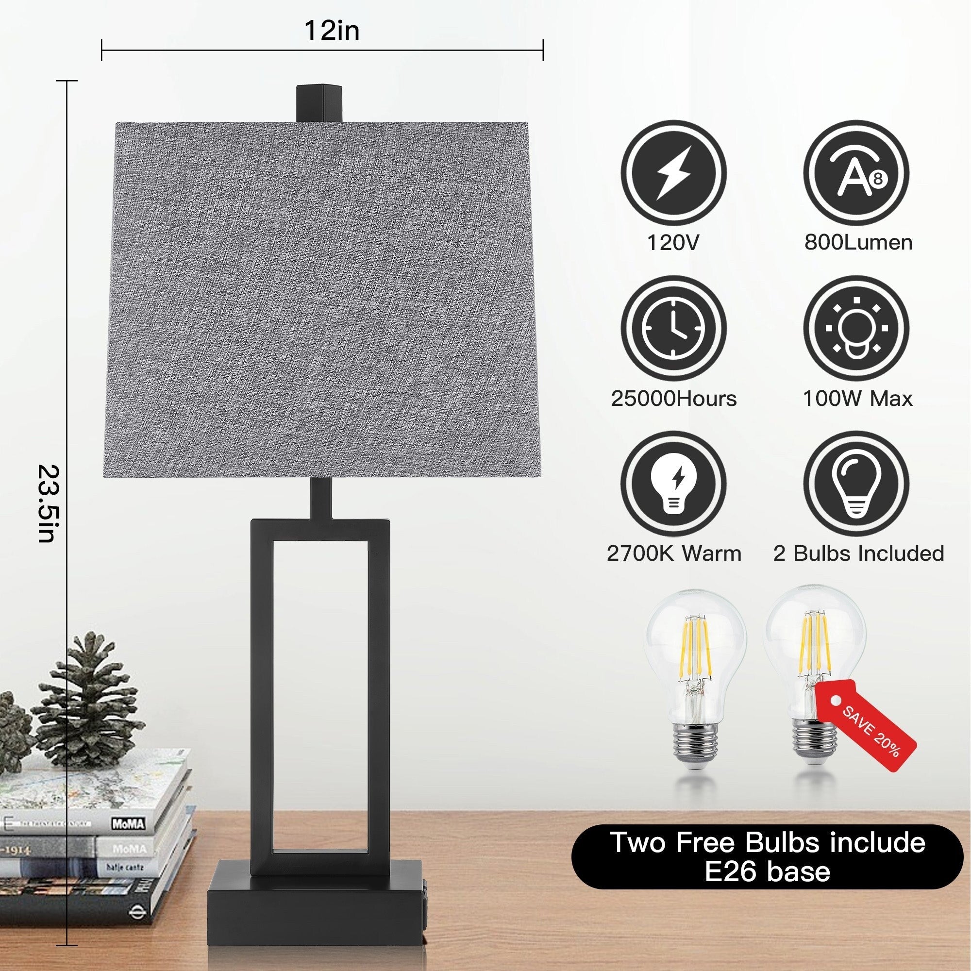Lampe de table en métal noir avec interrupteur tactile et ports de charge (lot de 2) - 30,5 x 16,5 x 59,7 cm (L x l x H)