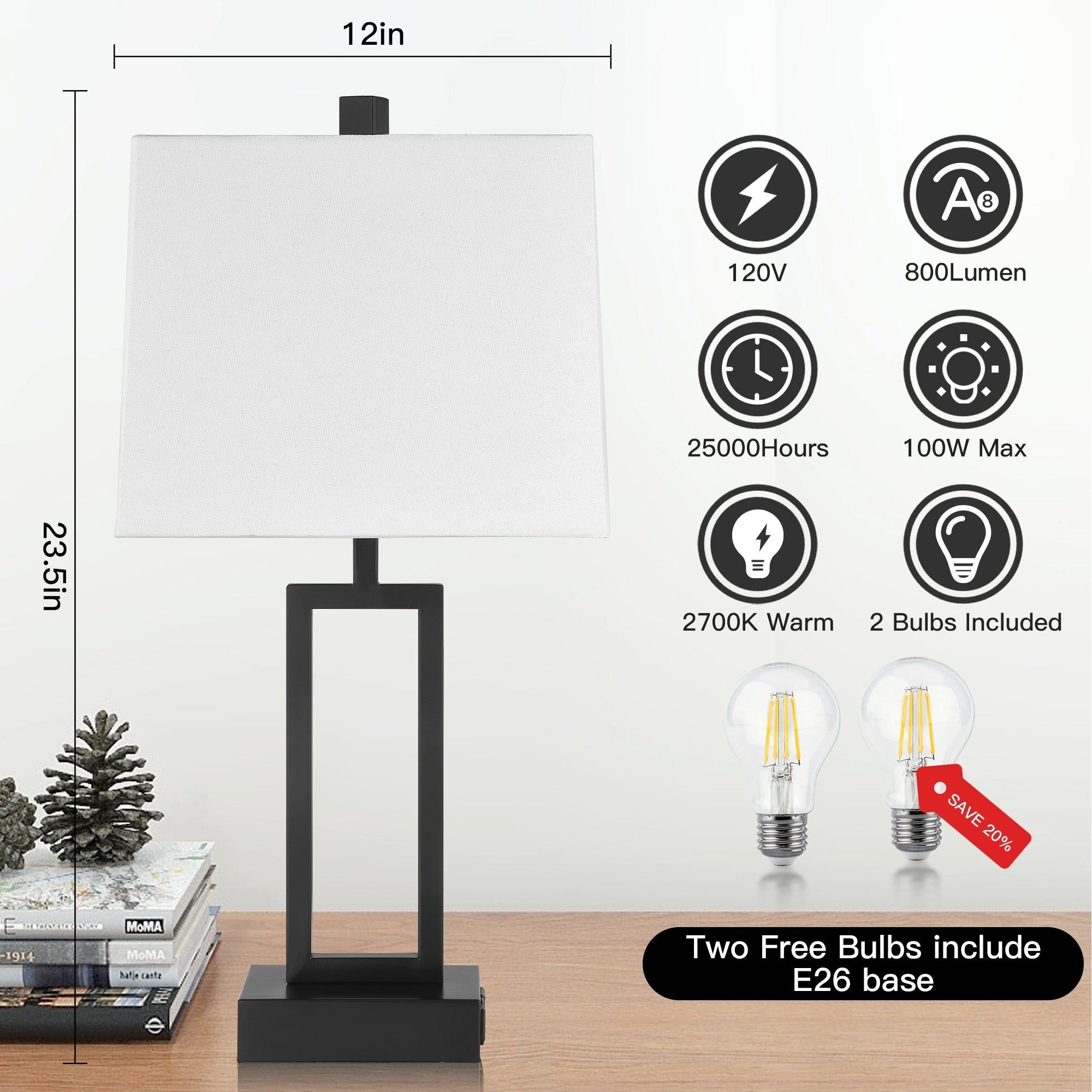 Lampe de table en métal noir avec abat-jour blanc style cadre de porte, deux ports de charge USB, prise secteur, abat-jour blanc (lot de 2)
