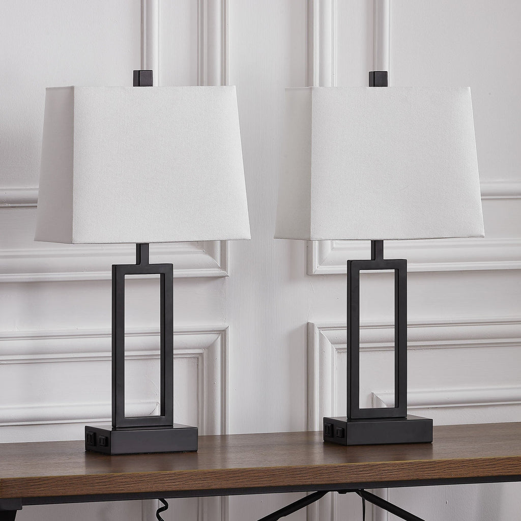 Lampe de table en métal noir avec abat-jour blanc style cadre de porte, deux ports de charge USB, prise secteur, abat-jour blanc (lot de 2)