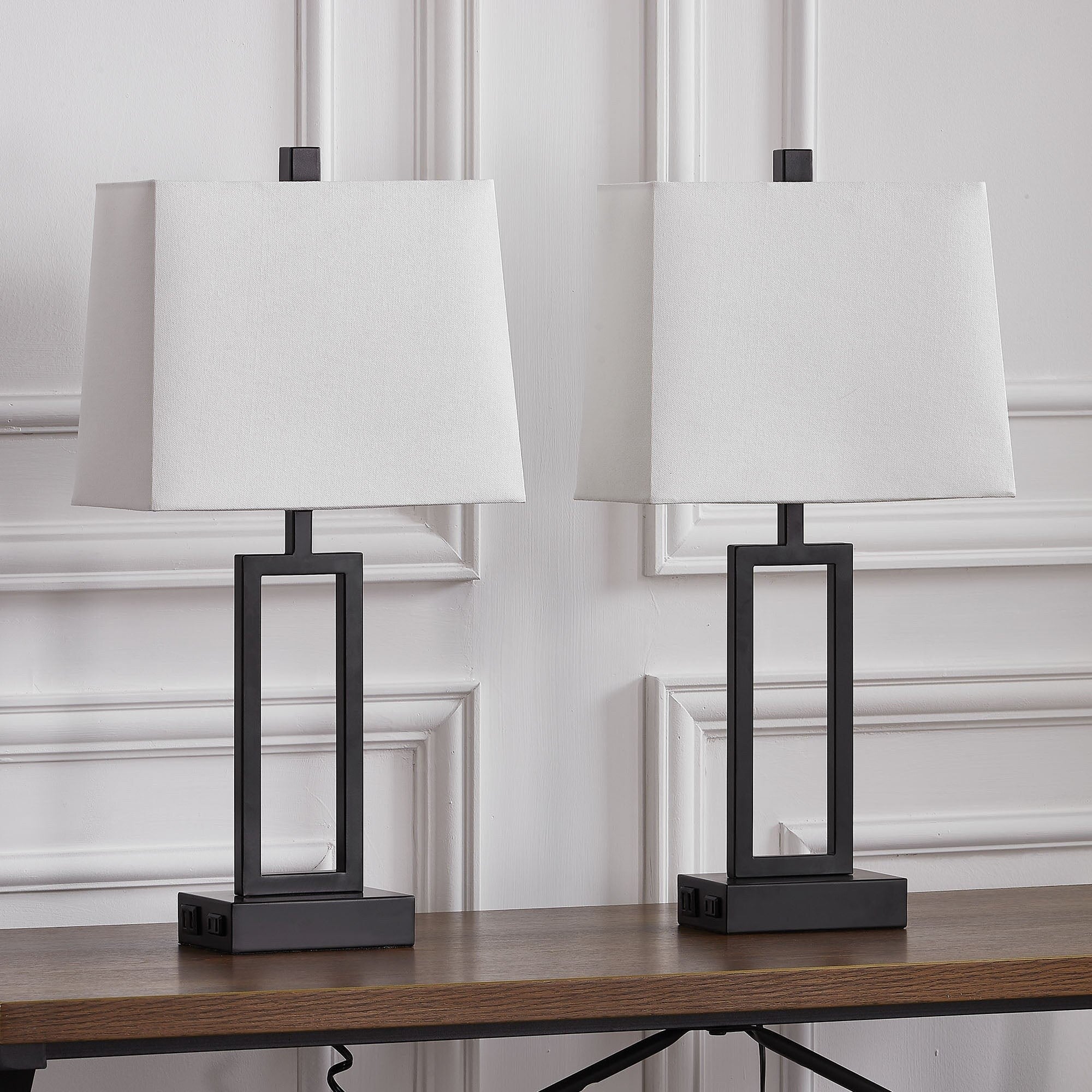 Lampe de table en métal noir avec abat-jour blanc style cadre de porte, deux ports de charge USB, prise secteur, abat-jour blanc (lot de 2)