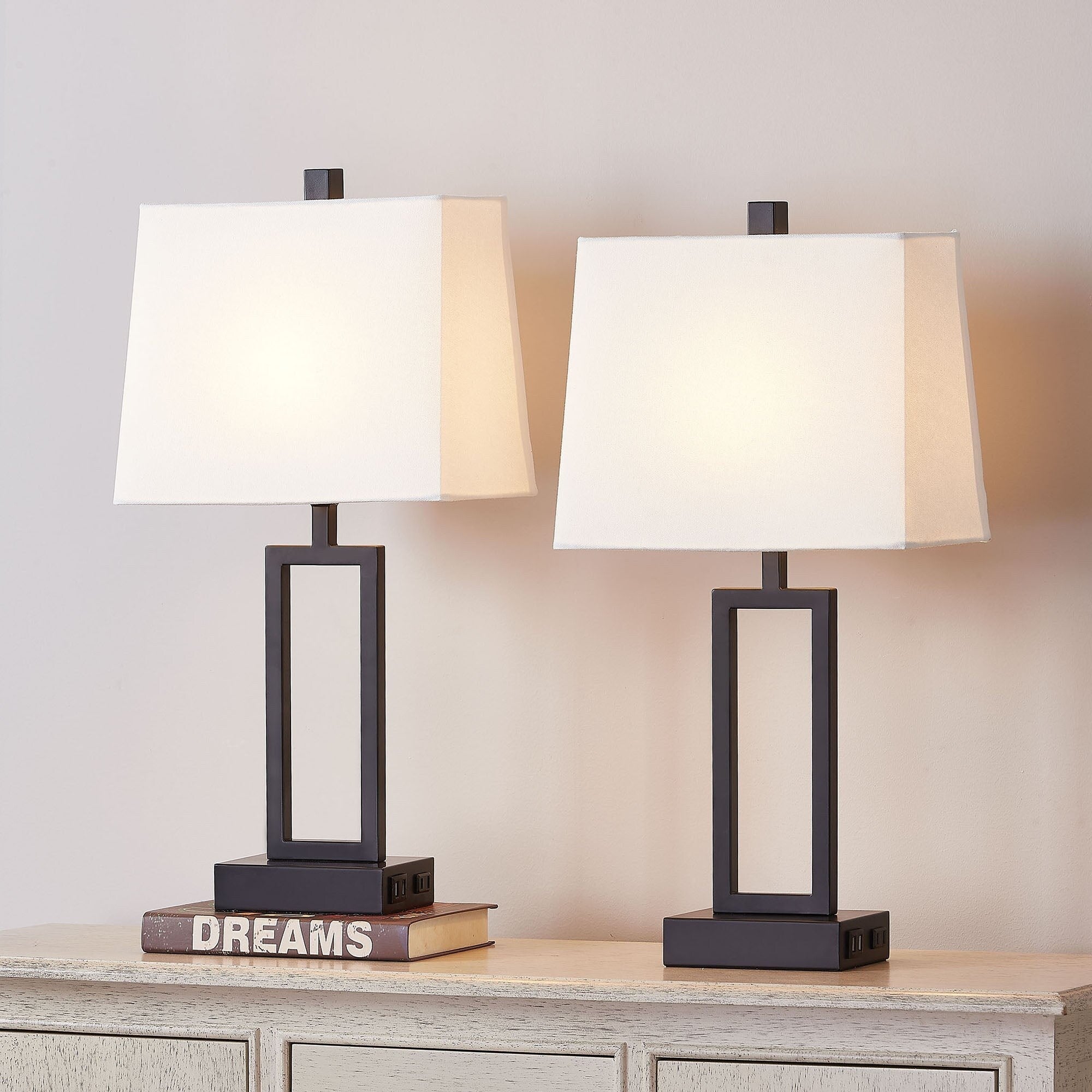 Lampe de table en métal noir avec abat-jour blanc style cadre de porte, deux ports de charge USB, prise secteur, abat-jour blanc (lot de 2)