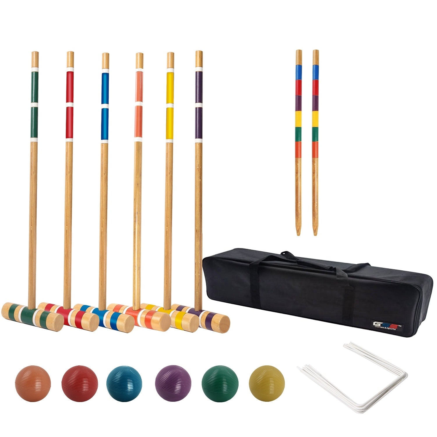 Jeu de croquet classique GSE™ pour 6 joueurs avec 6 maillets et boules, 9 guichets, 2 piquets et un étui de transport - Jeu de croquet