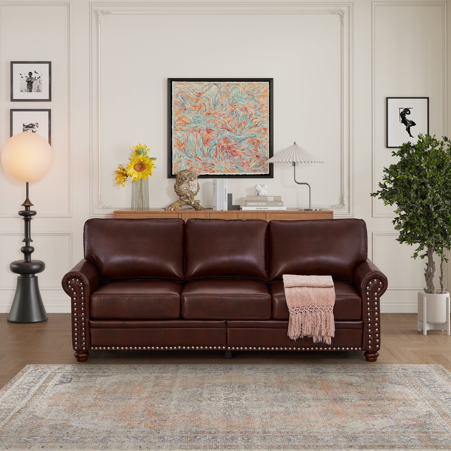 Canapé 3 places classique 83 en cuir PU avec coffre de rangement inférieur et décoration cloutée