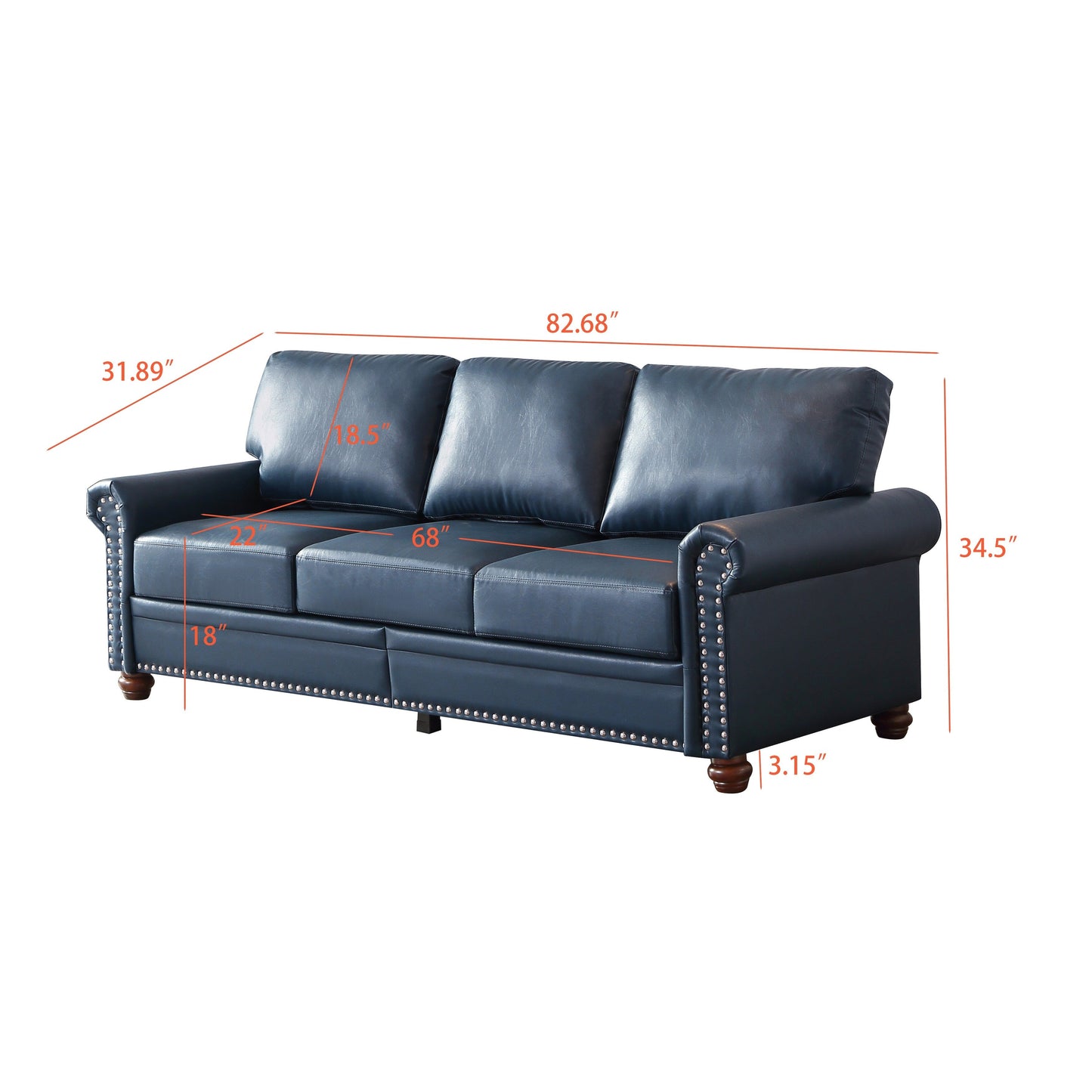 Canapé 3 places classique 83 en cuir PU avec coffre de rangement inférieur et décoration cloutée